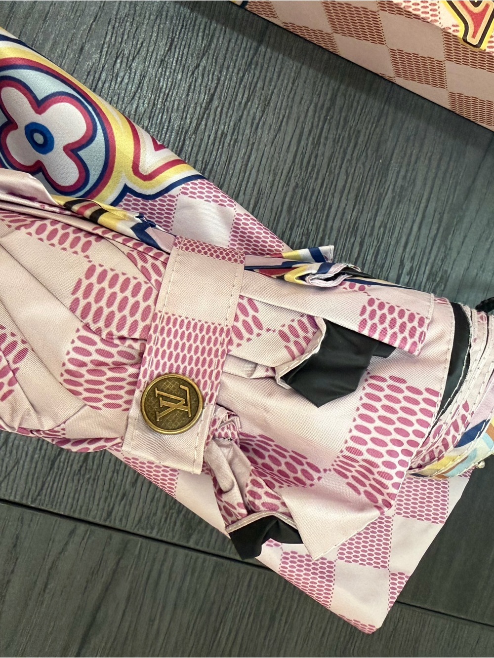 L V Colorful Patterned Umbrella with Pink Checker and Multicolor Motif - Picture 3 of 3